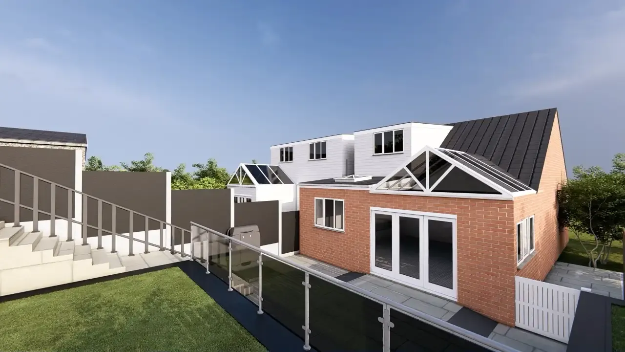 Landscaped rear garden with platform lift and new extension